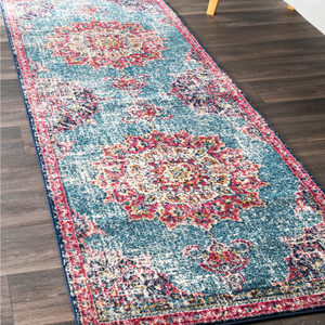 Blue rug runner featuring a distressed medallion pattern in red, yellow, and white, bordered with a red and blue edge, placed on a dark wooden floor.