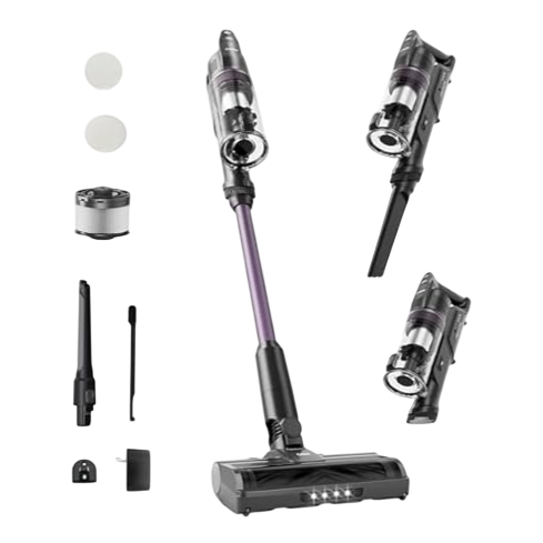 Cordless stick vacuum cleaner with detachable components, crevice tool, and additional accessories, including filters and charging base.