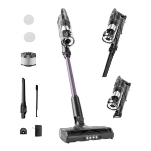 Cordless stick vacuum cleaner with detachable components, crevice tool, and additional accessories, including filters and charging base.