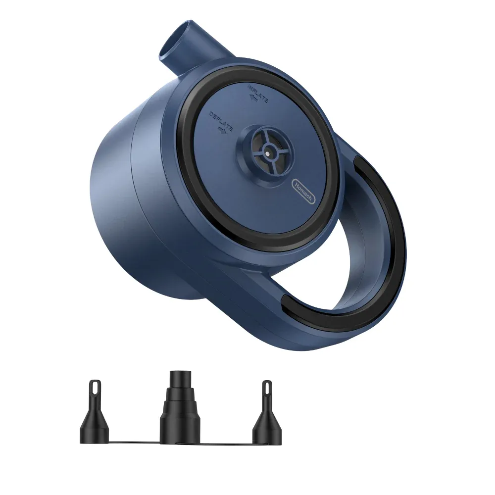 A blue wireless earphone with ear hooks and multiple eartip options displayed below.