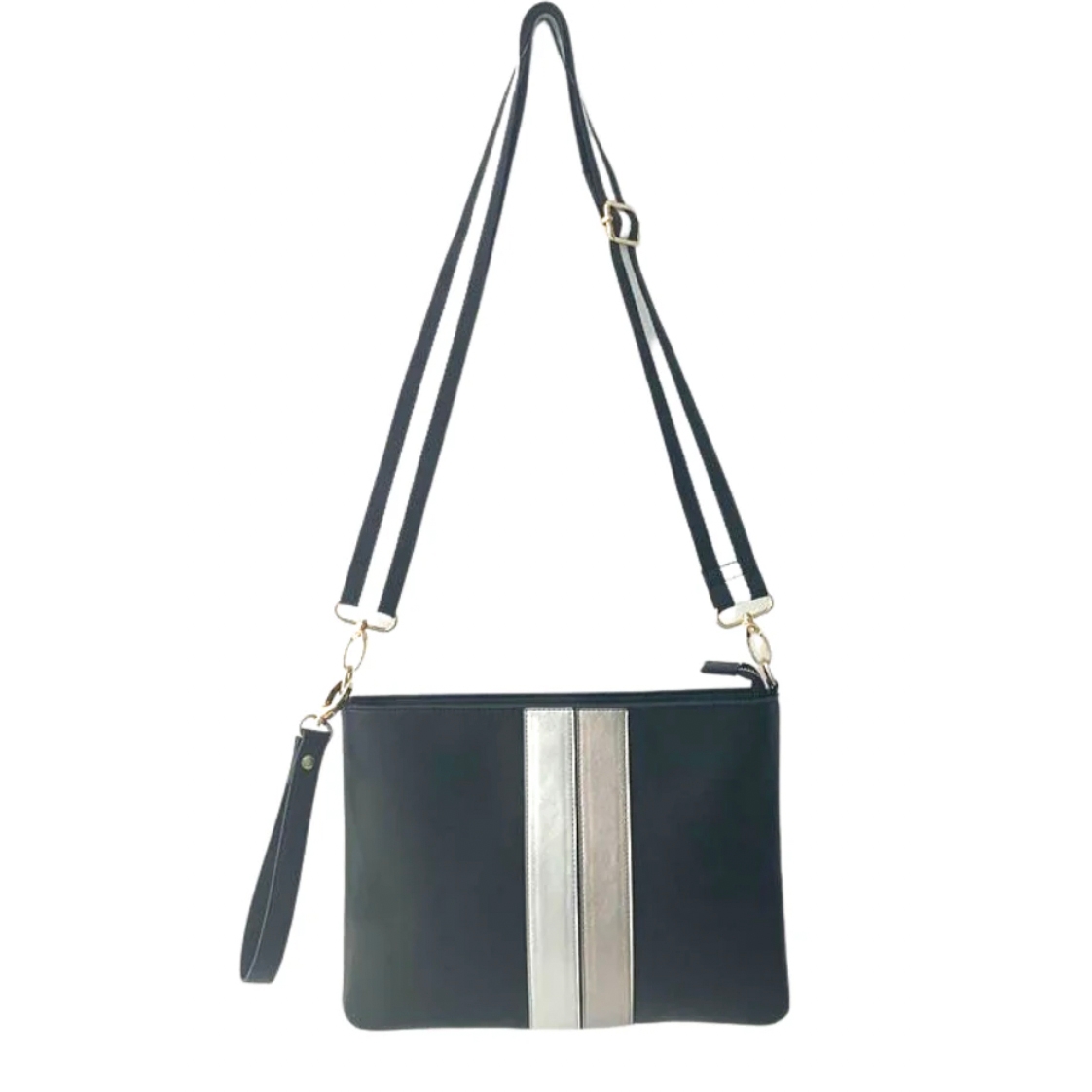 Black shoulder bag with a contrasting silver stripe and adjustable strap.