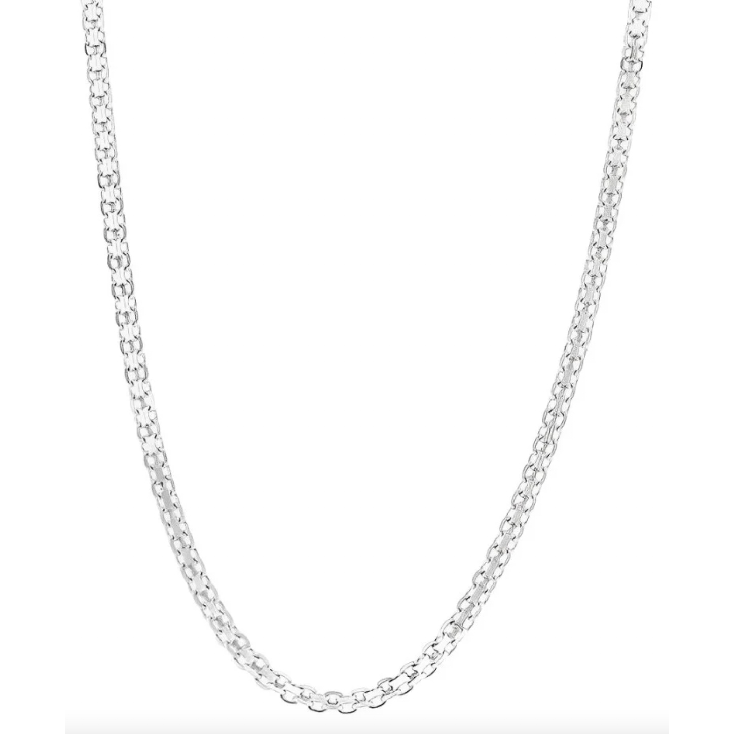 18-inch silver mesh necklace featuring a delicate, linked chain design with a polished finish, offering a sleek and elegant appearance.
