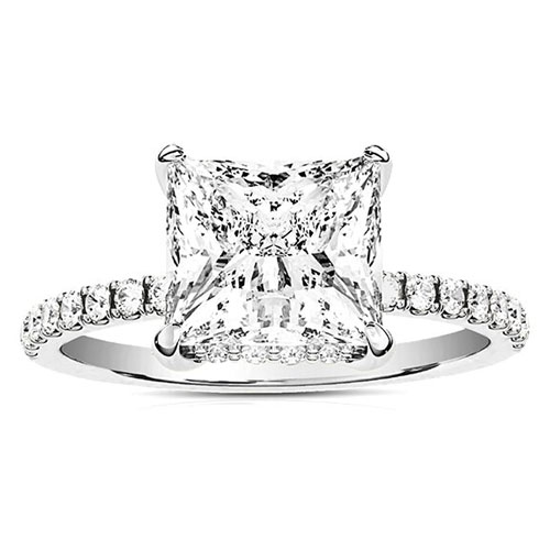 A solitaire engagement ring featuring a 2-carat princess-cut lab-grown diamond set on a band with pavé diamonds, showcasing a modern and elegant design.