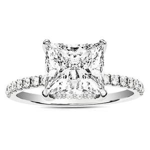 A solitaire engagement ring featuring a 2-carat princess-cut lab-grown diamond set on a band with pavé diamonds, showcasing a modern and elegant design.