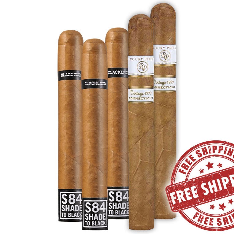 A selection of cigars featuring two brands: Blackbird with \“Shade to Black S84\“ labeling and Rocky Patel with \“Vintage 1999 Connecticut\“ labeling, alongside a \“Free Shipping\“ stamp.