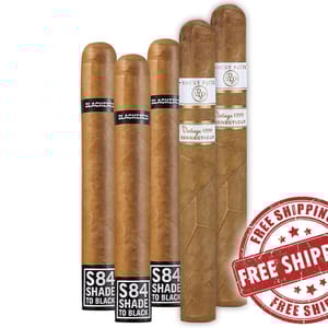 A selection of cigars featuring two brands: Blackbird with \“Shade to Black S84\“ labeling and Rocky Patel with \“Vintage 1999 Connecticut\“ labeling, alongside a \“Free Shipping\“ stamp.