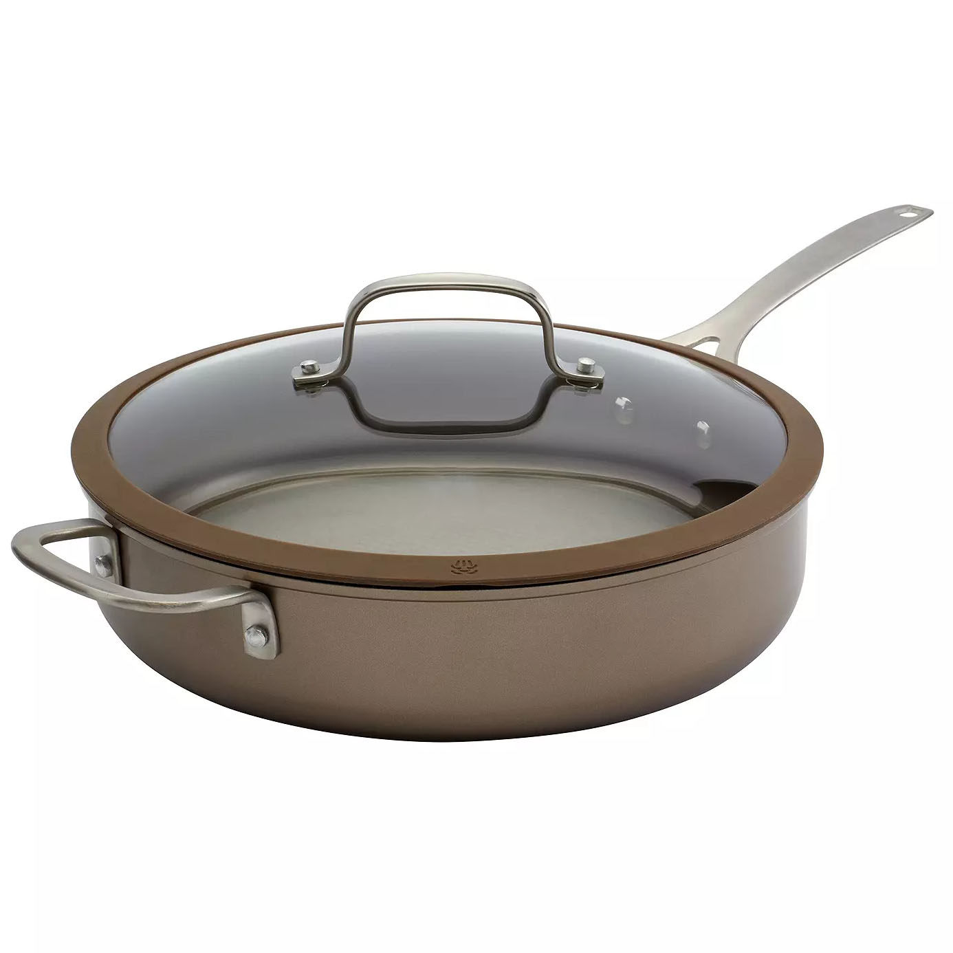 This is a deep skillet with a long handle, two shorter side handles, and a glass lid, finished in a matte brown color.