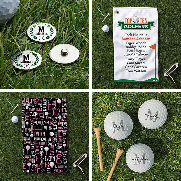 Customized golf accessories including personalized ball markers, a golf towel listing famous golfers, golf balls with a signature, and a scorecard with various names.