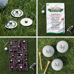 Customized golf accessories including personalized ball markers, a golf towel listing famous golfers, golf balls with a signature, and a scorecard with various names.