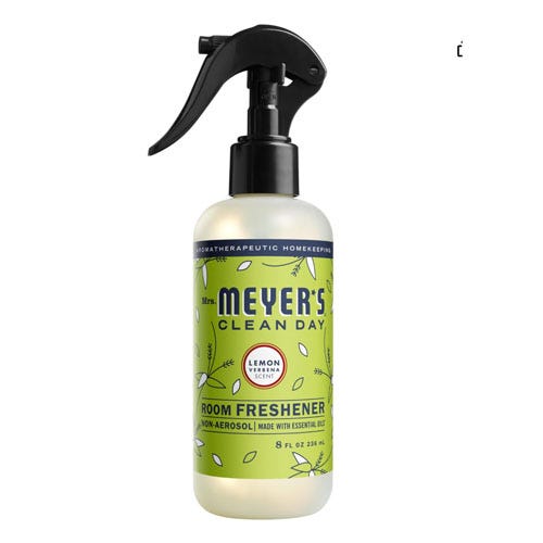 An 8 oz bottle of Mrs. Meyer's Clean Day lemon-scented room freshener with a spray nozzle.
