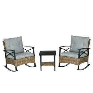 Two cushioned wicker rocking chairs and a small side table, featuring metal frames and a wicker-like finish.