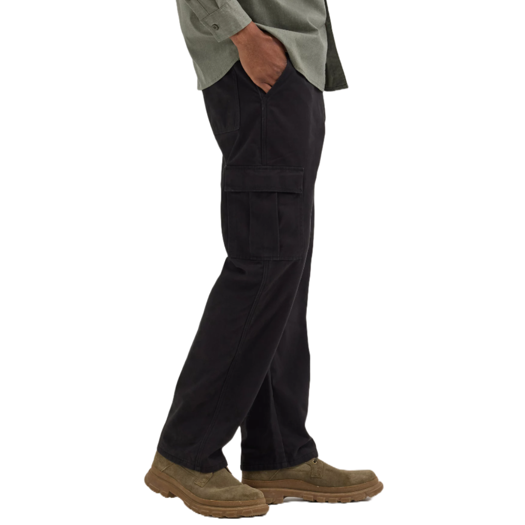 Wrangler Fleece-Lined Cargo Pants in dark color feature side cargo pockets for storage and are paired with brown slip-on shoes. They offer warmth with fleece lining, ideal for colder weather conditions.