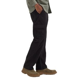 Wrangler Fleece-Lined Cargo Pants in dark color feature side cargo pockets for storage and are paired with brown slip-on shoes. They offer warmth with fleece lining, ideal for colder weather conditions.
