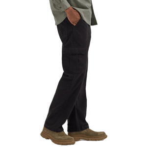 Wrangler Fleece-Lined Cargo Pants in dark color feature side cargo pockets for storage and are paired with brown slip-on shoes. They offer warmth with fleece lining, ideal for colder weather conditions.
