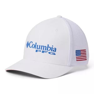 White baseball cap featuring \“Columbia PFG\“ in blue text on the front and a small American flag patch on the side.