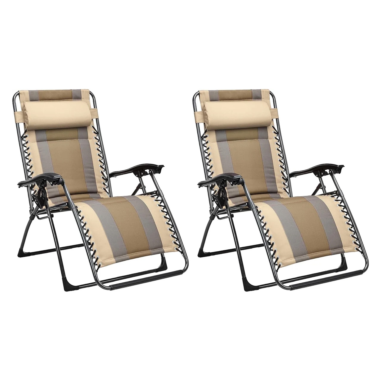 Pair of zero gravity chairs with beige and gray striped fabric, featuring adjustable headrests and black metal frames. Ideal for outdoor lounging, providing ergonomic support and comfort.