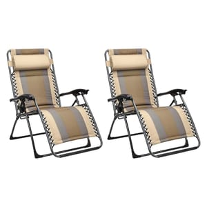 Pair of zero gravity chairs with beige and gray striped fabric, featuring adjustable headrests and black metal frames. Ideal for outdoor lounging, providing ergonomic support and comfort.