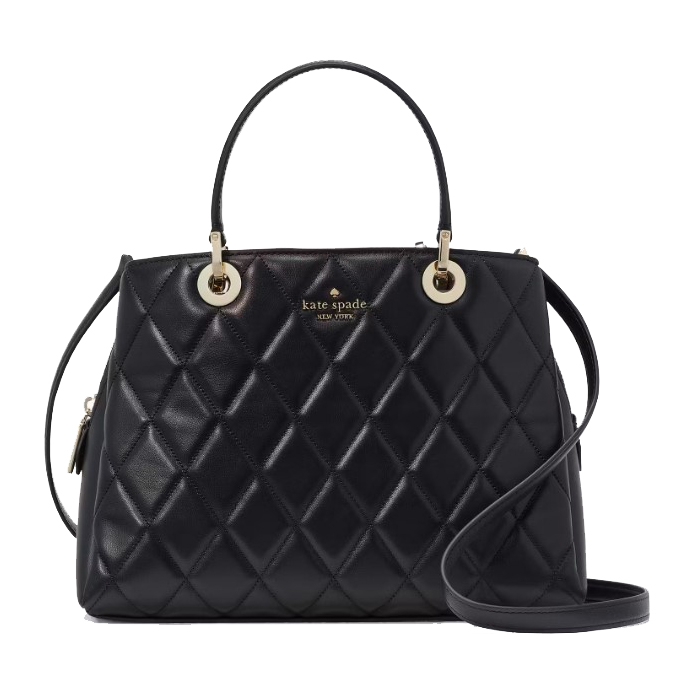 A black Kate Spade handbag with a quilted design and gold-tone hardware, featuring a top handle and a detachable shoulder strap.