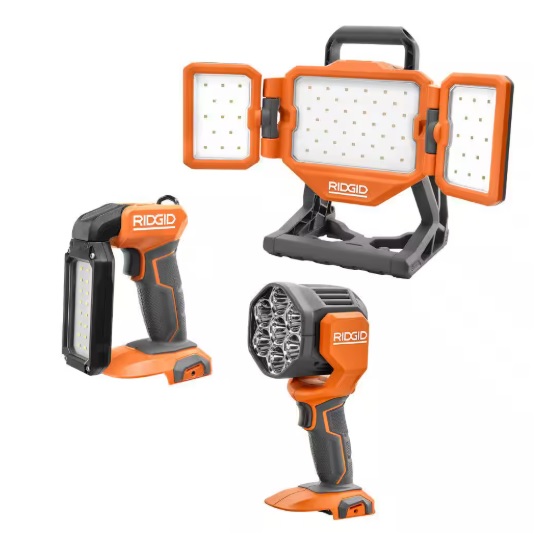 Three orange and gray RIDGID cordless LED work lights are shown: a folding panel light, a handheld work light, and a spotlight.