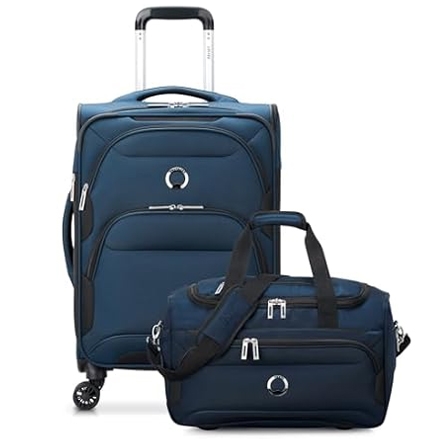 A blue luggage set featuring a wheeled suitcase with a telescopic handle and a matching duffel bag. Both pieces have zippered compartments and a circular logo.