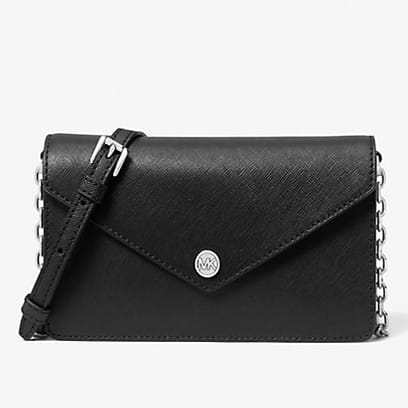 Black leather envelope-style crossbody bag with chain strap and branded metal logo.