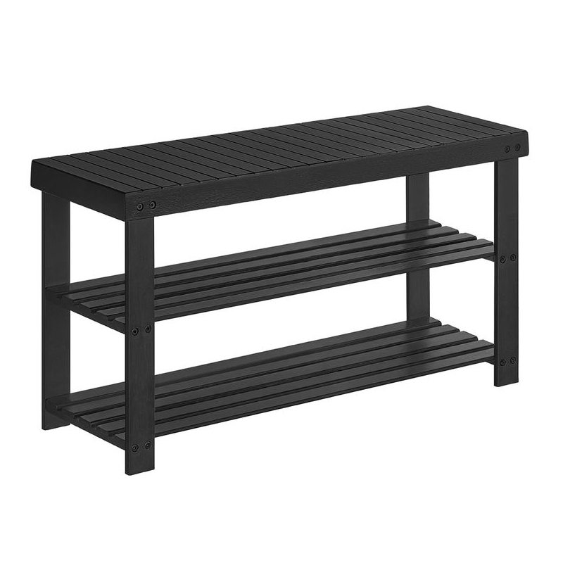 Black slatted bench with two lower shelves for storage, suitable for use as a shoe rack or in entryways.
