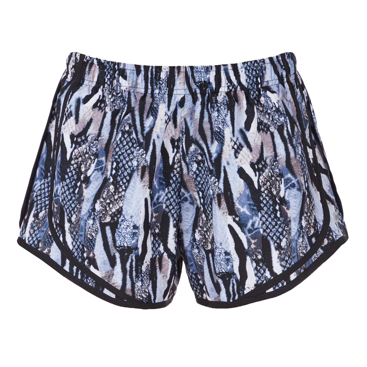 Shorts with a black, blue, and white animal print design, featuring an elastic waistband and black trim along the edges.