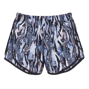 Shorts with a black, blue, and white animal print design, featuring an elastic waistband and black trim along the edges.