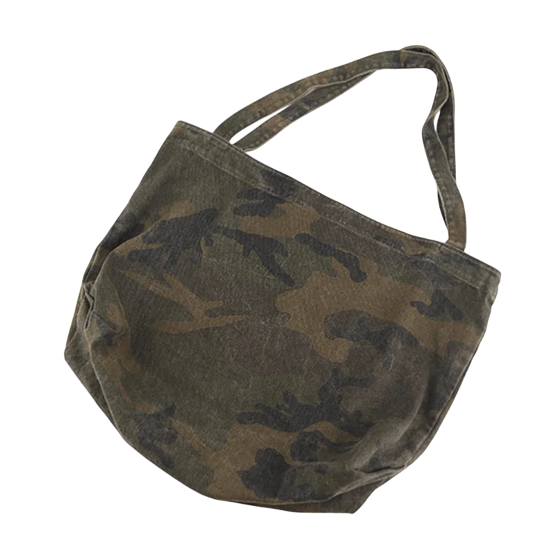 Camouflage-patterned tote bag with dual handles.