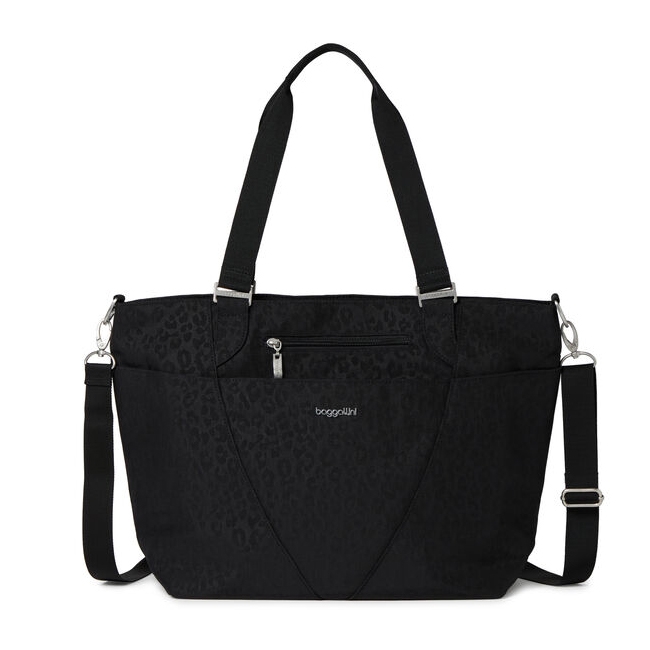 Black Baggallini tote with a subtle animal print design, featuring dual shoulder straps, a removable crossbody strap, and a front zip pocket for easy access.