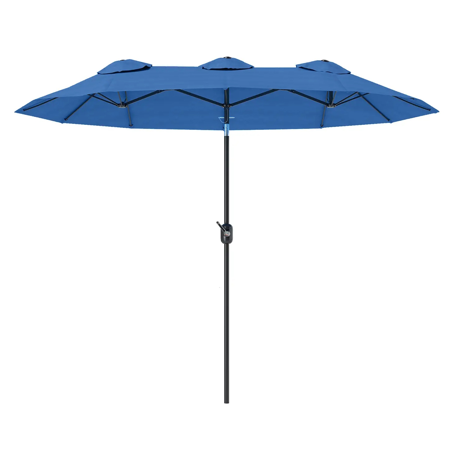 A double-sided long patio umbrella in blue features a central pole with a crank handle for easy opening, designed to provide extensive sun coverage.