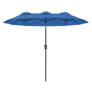A double-sided long patio umbrella in blue features a central pole with a crank handle for easy opening, designed to provide extensive sun coverage.
