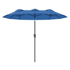 A double-sided long patio umbrella in blue features a central pole with a crank handle for easy opening, designed to provide extensive sun coverage.