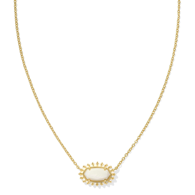Gold chain necklace with an oval, pearl-like centerpiece surrounded by flame-like gold accents.