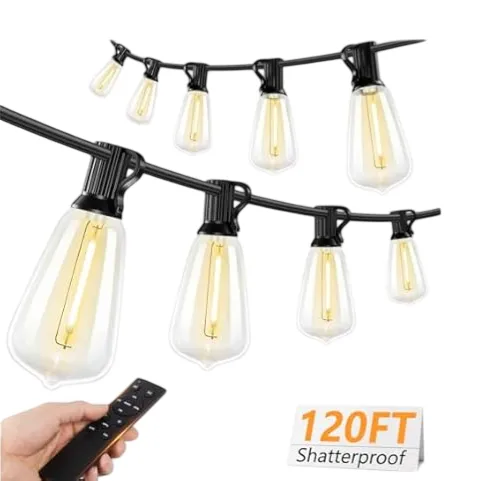String lights with shatterproof bulbs, 120 feet long, featuring a remote control for operation.