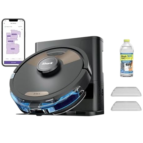 A Shark robot vacuum and mop with an auto-empty base is shown alongside a smartphone displaying a floor plan, a bottle of cleaning solution, and two filter pads.