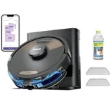 A Shark robot vacuum and mop with an auto-empty base is shown alongside a smartphone displaying a floor plan, a bottle of cleaning solution, and two filter pads.