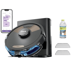 A Shark robot vacuum and mop with an auto-empty base is shown alongside a smartphone displaying a floor plan, a bottle of cleaning solution, and two filter pads.