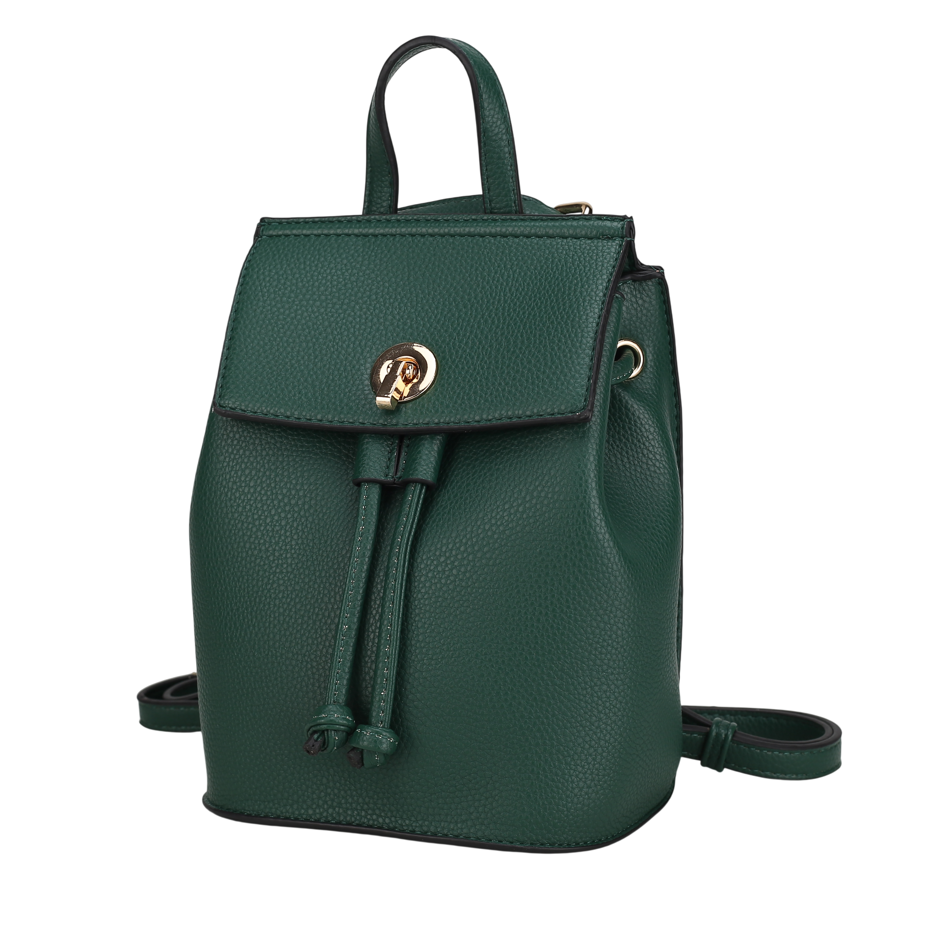 A small green leather backpack with a flap closure and gold-tone twist lock. It features a top handle, drawstring details, and adjustable shoulder straps.