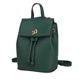 A small green leather backpack with a flap closure and gold-tone twist lock. It features a top handle, drawstring details, and adjustable shoulder straps.