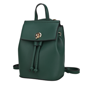 A small green leather backpack with a flap closure and gold-tone twist lock. It features a top handle, drawstring details, and adjustable shoulder straps.