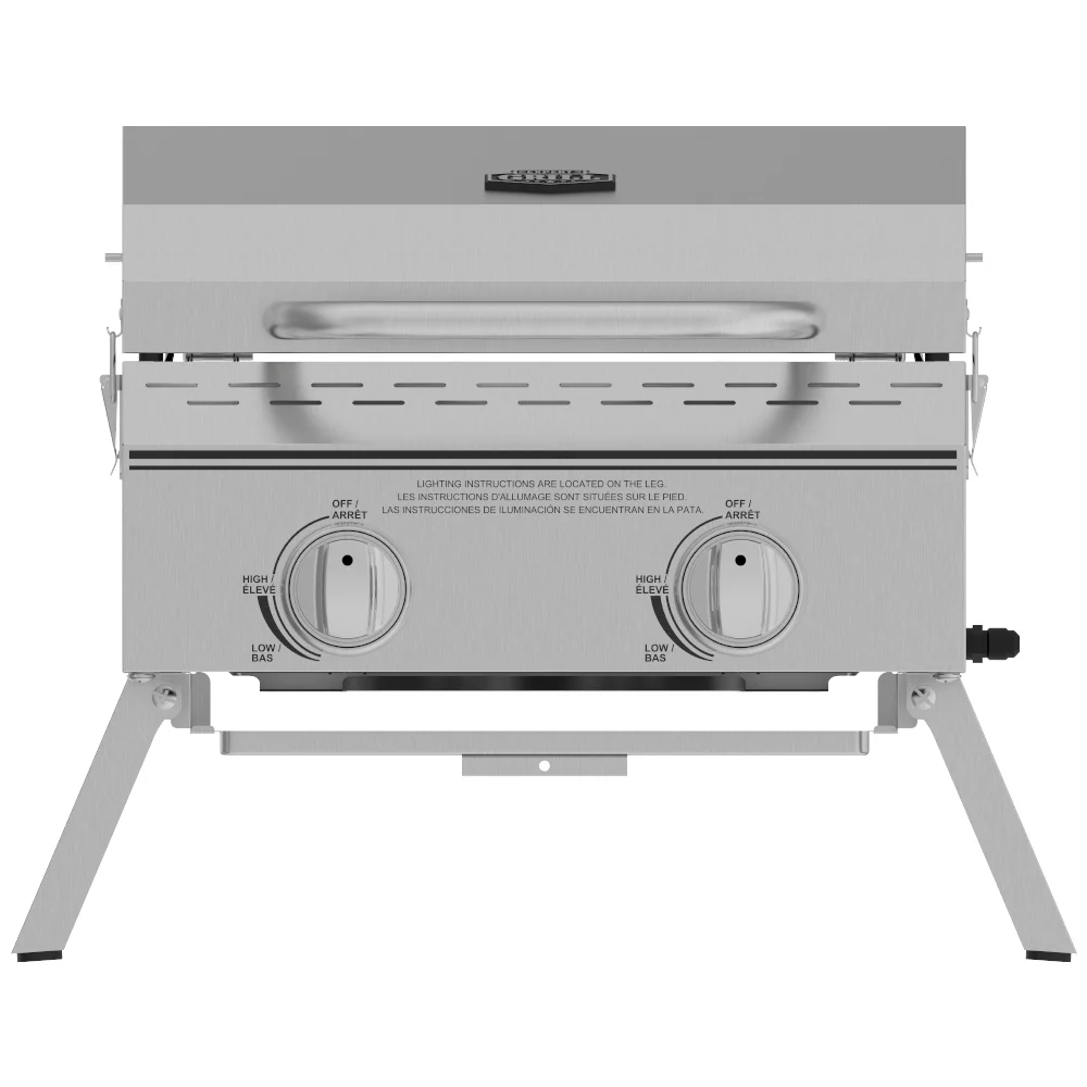 Portable stainless steel gas grill with two control knobs.