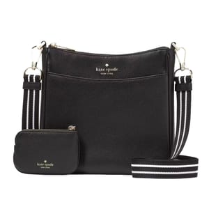 A black Kate Spade crossbody bag with a striped shoulder strap and a matching wallet.