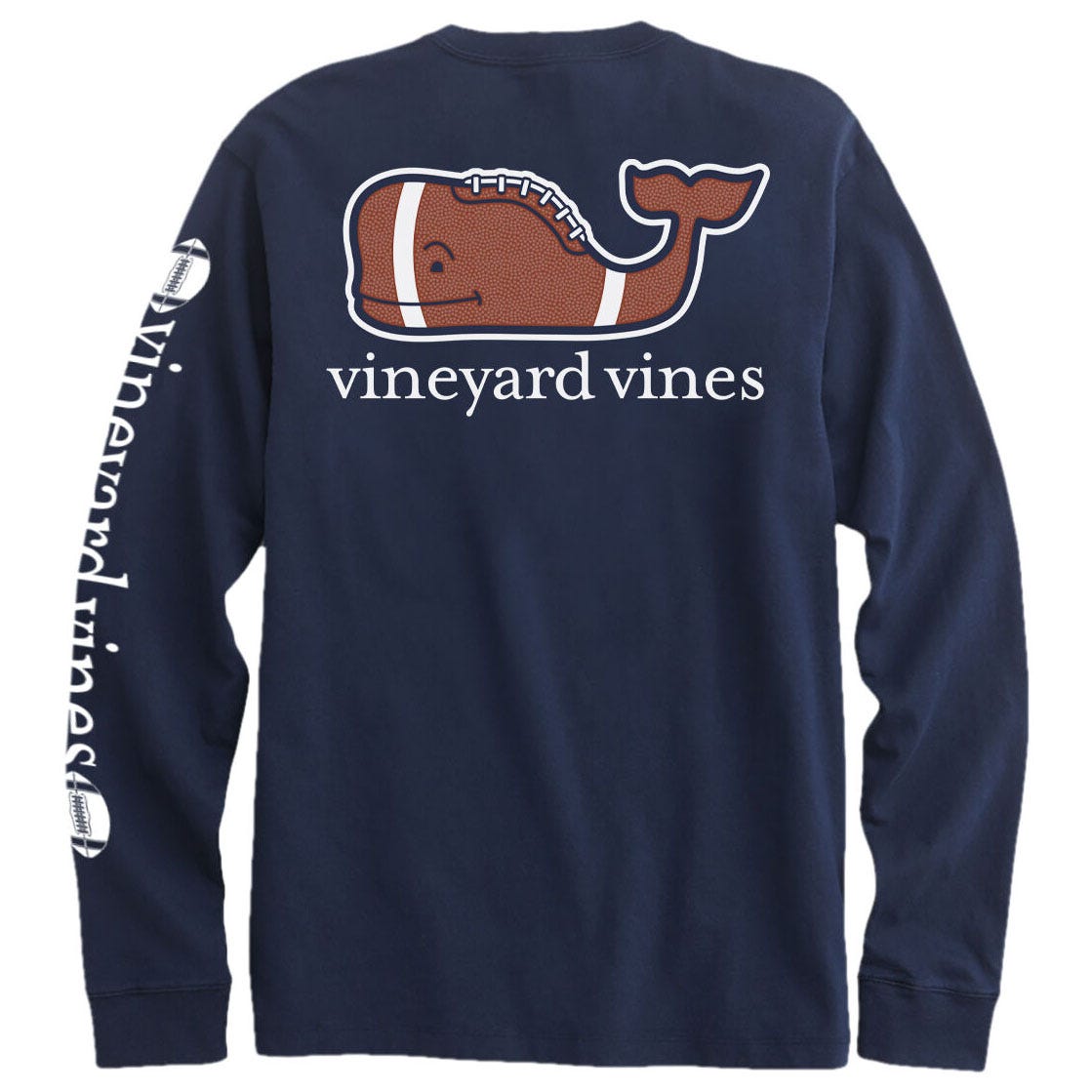 Long-sleeve navy shirt with a football-shaped whale logo on the back and text \“vineyard vines\“ down the sleeve.