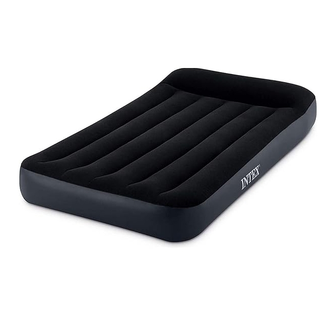 The Intex Air Mattress with Pump is a black inflatable air bed with a built-in pillow and ribbed design for support. The mattress features the Intex logo on its side and is designed for convenience and comfort.