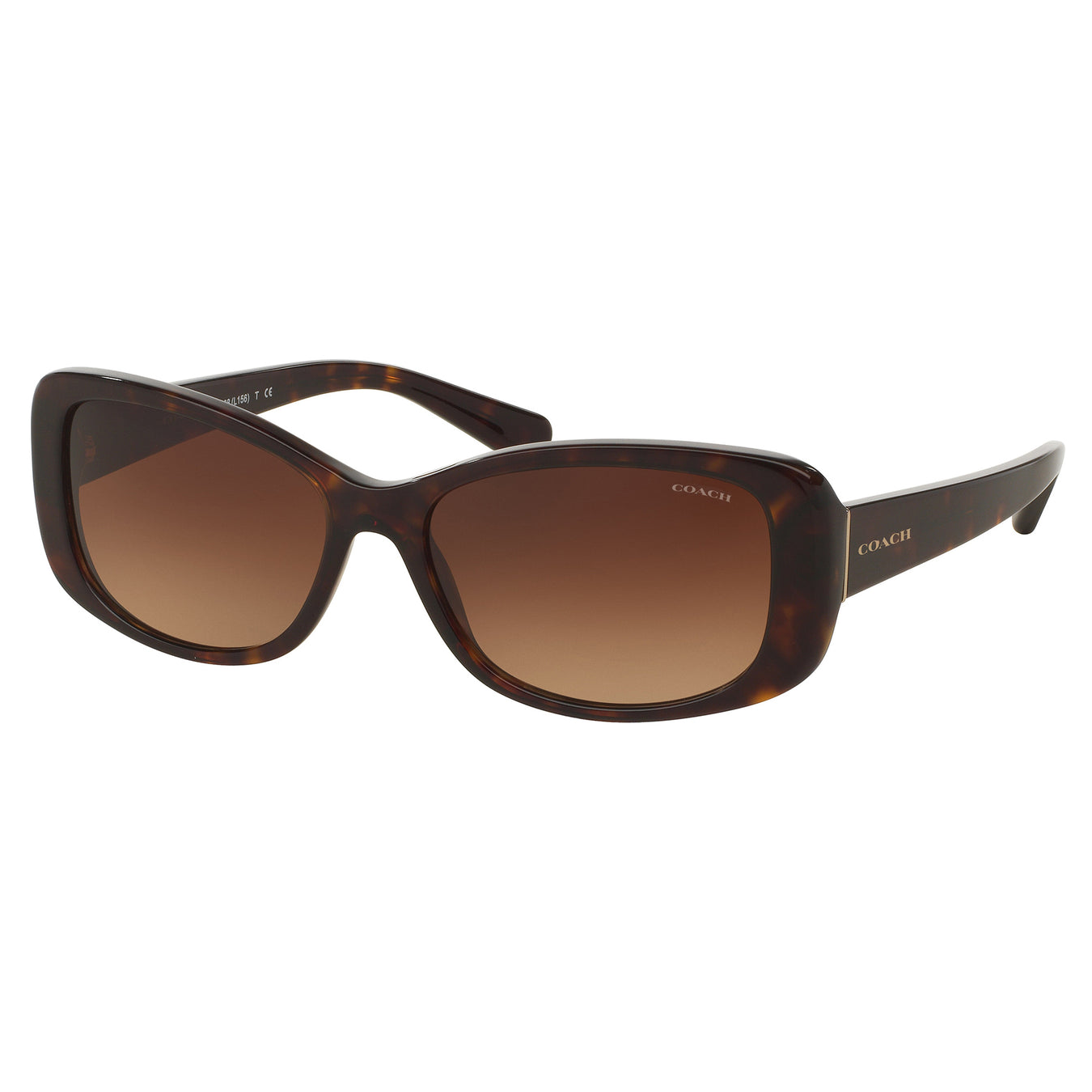 Brown tortoiseshell sunglasses with oversized frames and the Coach brand logo on the arms.
