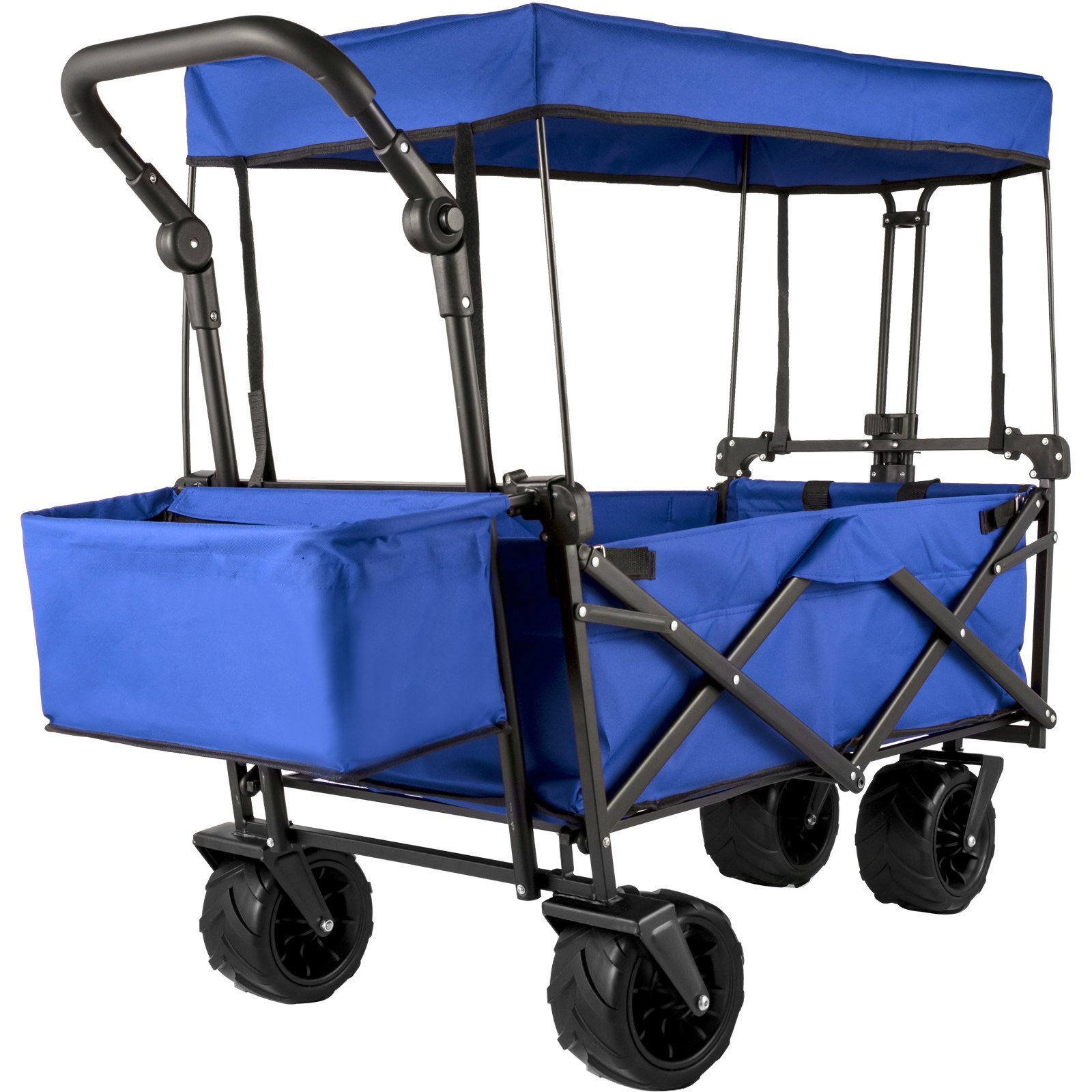 A blue collapsible wagon with a canopy and oversized wheels for all-terrain use.