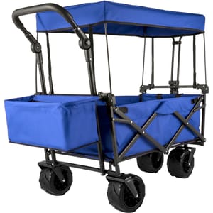 A blue collapsible wagon with a canopy and oversized wheels for all-terrain use.