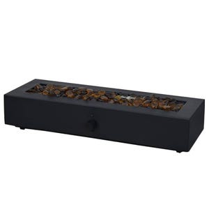 Rectangular tabletop fire bowl with a black base and decorative amber stones. Features a control knob on the side for adjusting the flame.