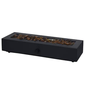 Rectangular tabletop fire bowl with a black base and decorative amber stones. Features a control knob on the side for adjusting the flame.